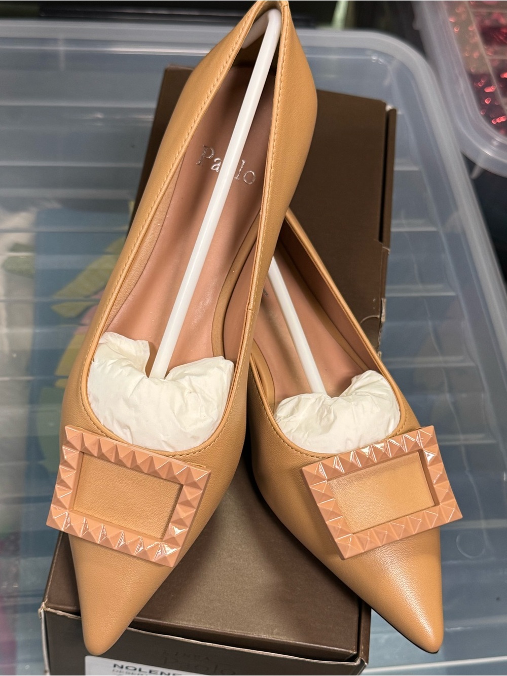 Linea Paolo Pointed Toe flats with Studded Square Buckle in Camel *BRAND NEW*